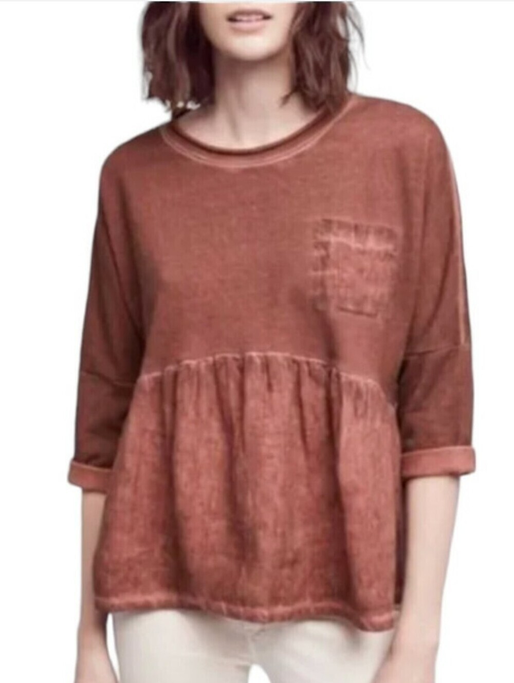 Anthropologie Postmark Linen & French Terry Top S Baby Doll Mixed Media Hi Low
